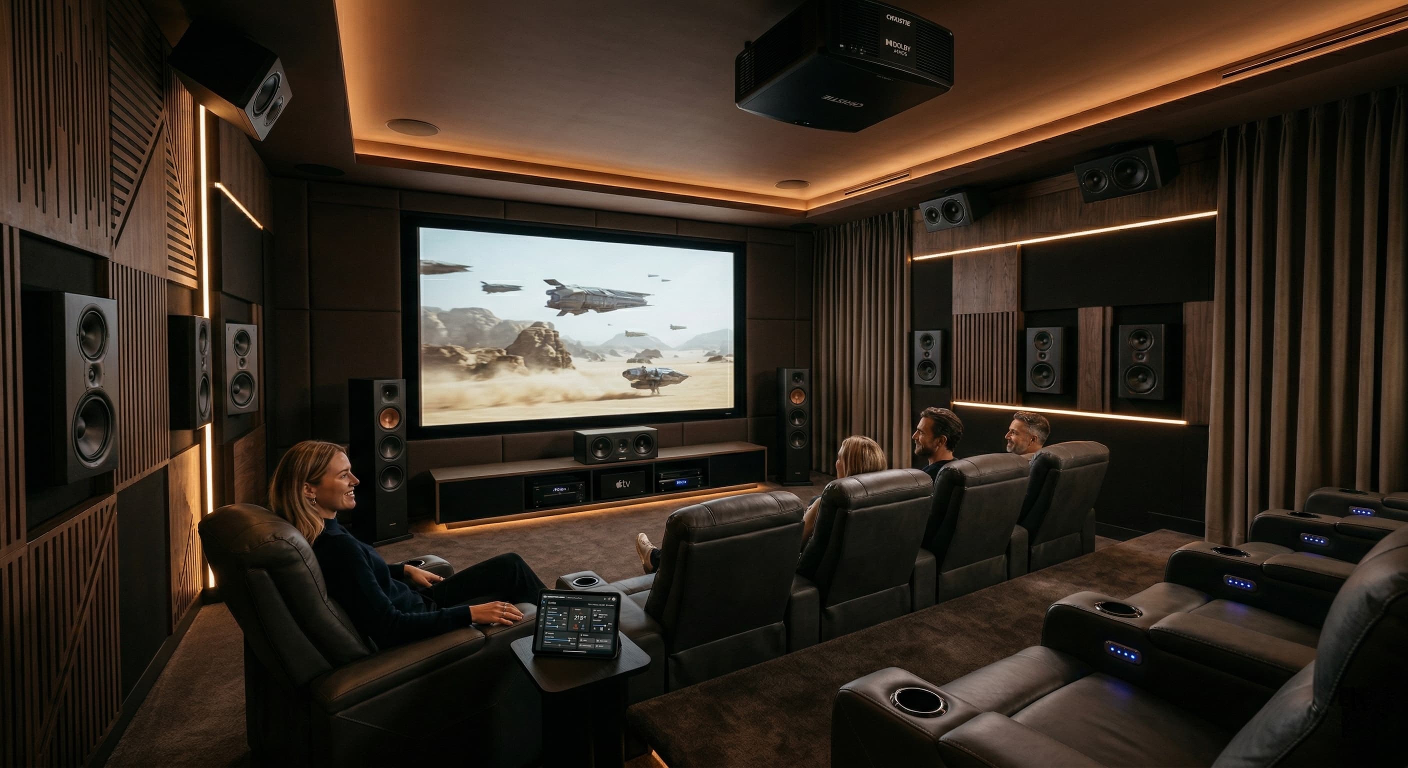 Nowoczesna sala kina domowego z dużym ekranem i systemem dźwięku przestrzennego