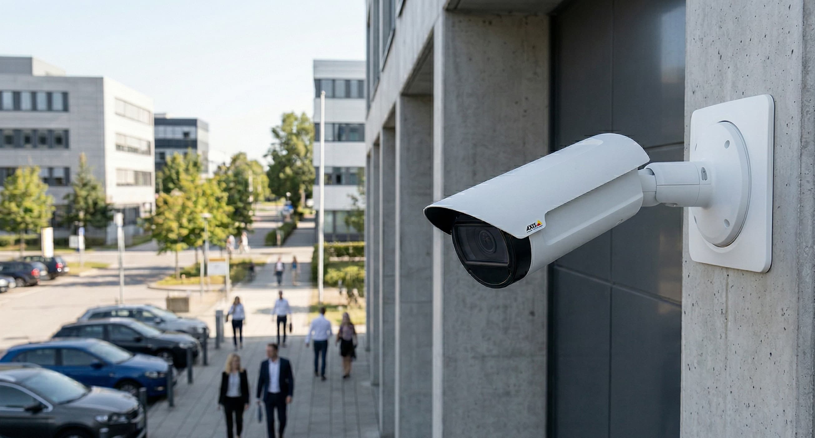 Profesjonalna kamera IP Axis Communications zamontowana na zewnątrz budynku