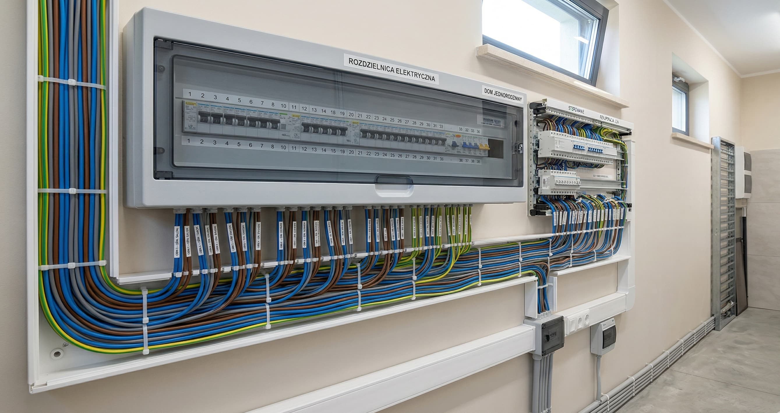 Profesjonalnie wykonana instalacja elektryczna z równo ułożonymi przewodami
